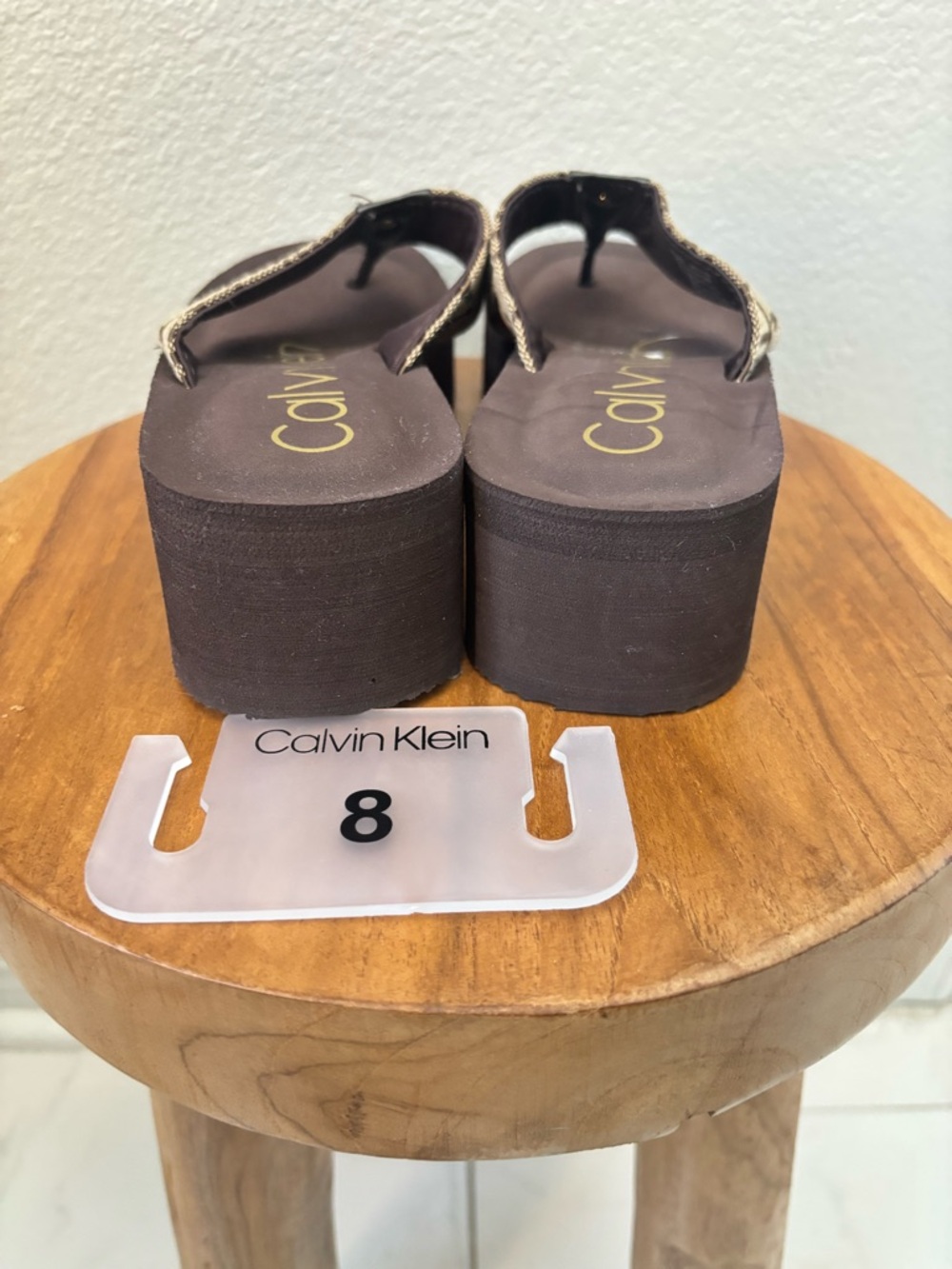 Calvin Klein Brown Logo Canvas Wedge Thong flip flop Sandals platform NWT - Picture 8 of 12